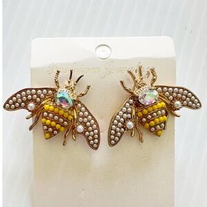 Honey Bee Earrings Gold Tone Faux Pearls Iridescent Gemstone Insect Jewelry